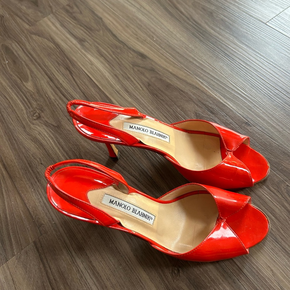 Manolo Blahnik Vibrant Red Patent Peep-Toe Slingback Heels